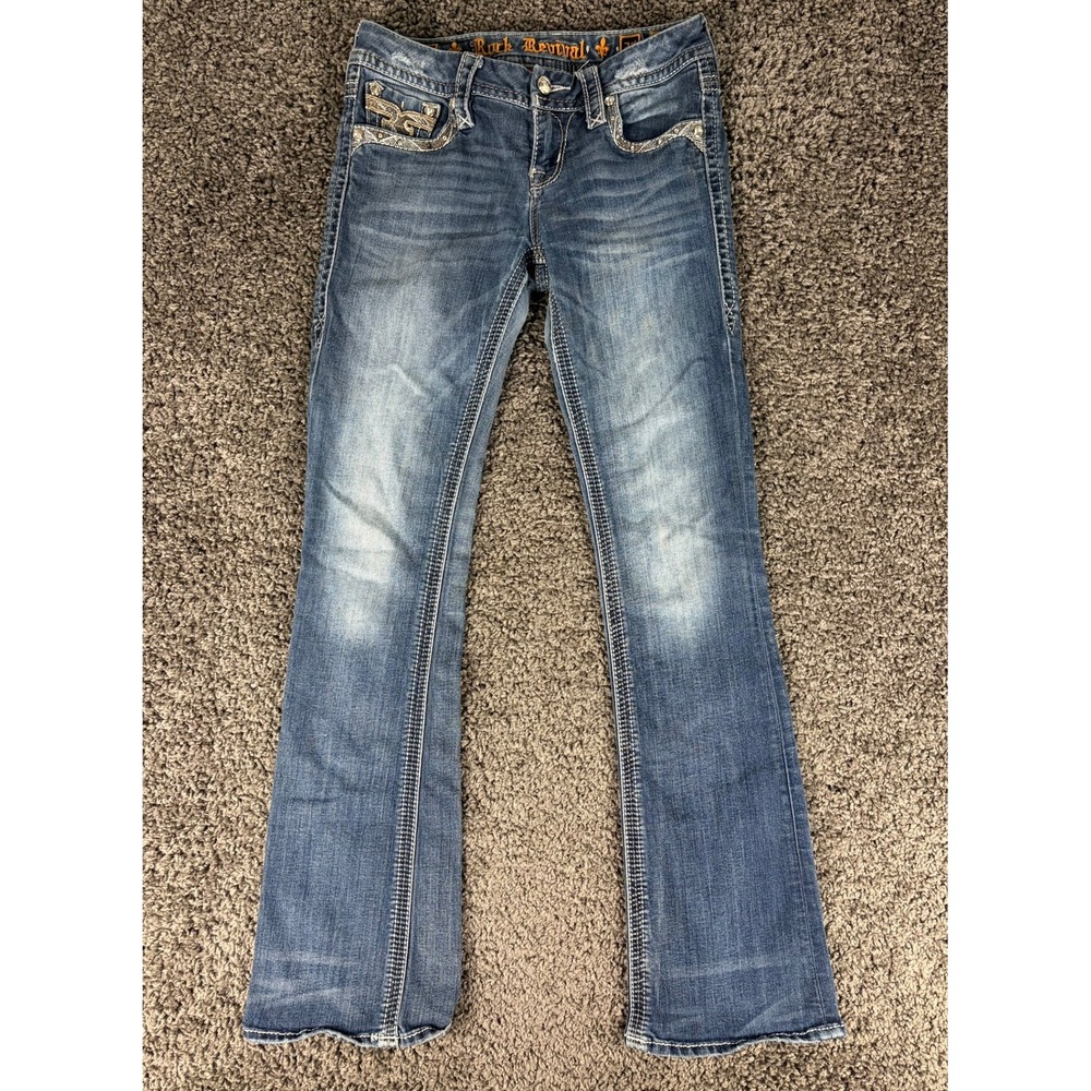 Rock Revival Sapphire Mid-Rise Bootcut Jeans Blue Rhinestone Embroidered 27 - Picture 2 of 10